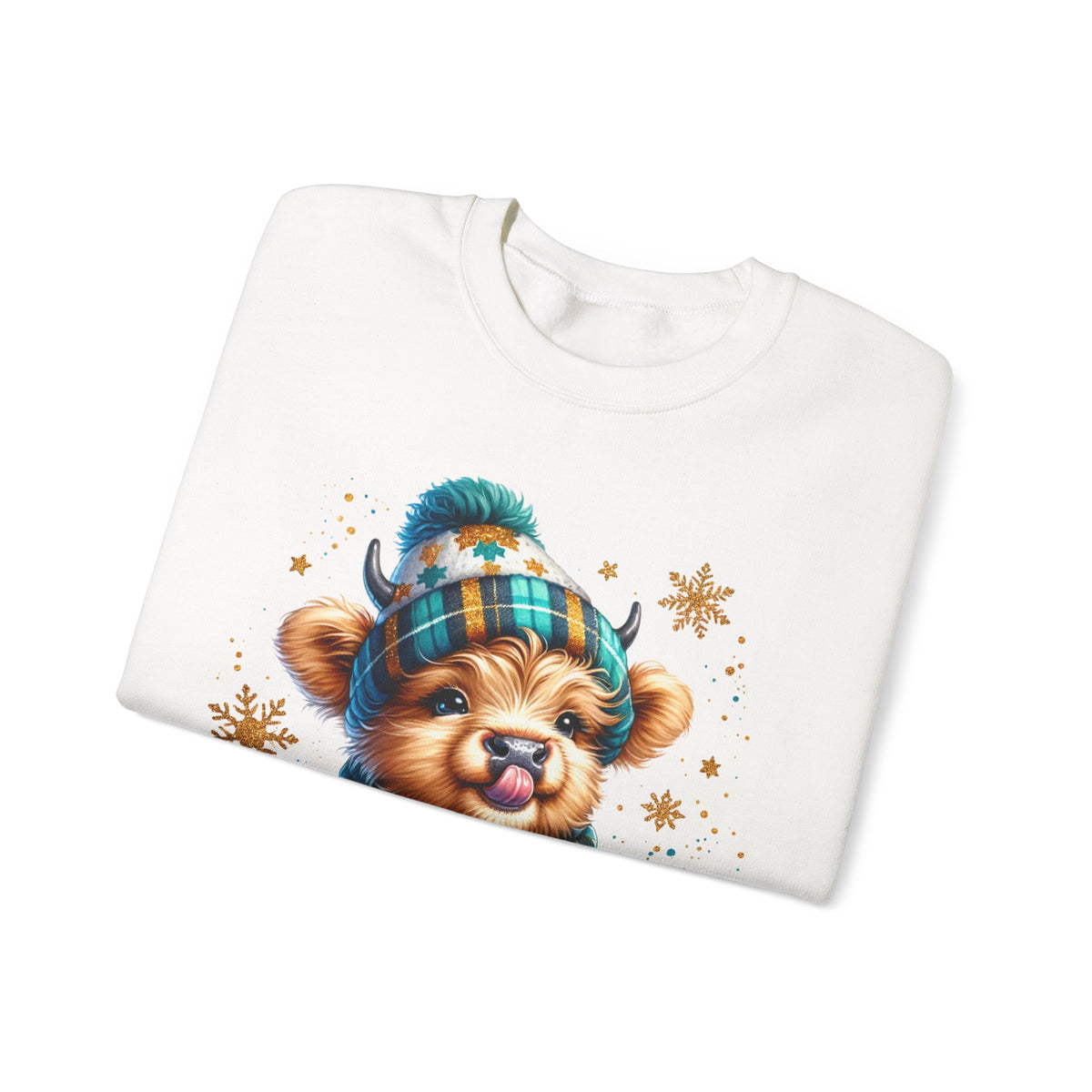 Winter Baby Highland Cow with Cocoa – Gildan Heavy Blend | Trendy Women’s Soft Sweatshirt. Direct to Garment. Printed & Shipped in the USA. Unisex Sizes.