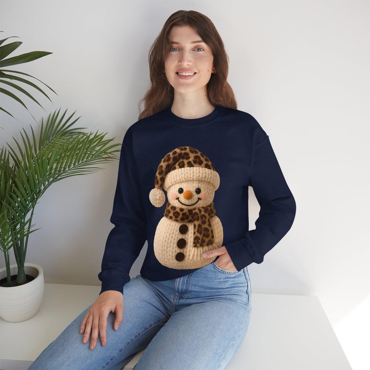 Cute Leopard Faux Knit Snowman Winter – Gildan Heavy Blend | Trendy Women’s Soft Sweatshirt. Direct to Garment. Printed & Shipped in the USA. Unisex Sizes.