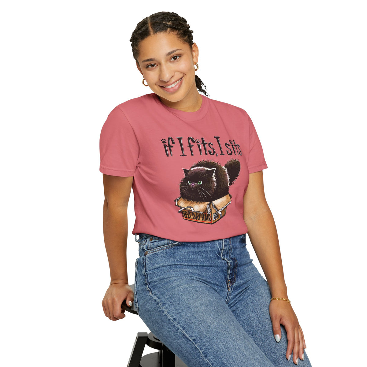 If I Fits I Sits, Cat in a Box - Comfort Colors | Trendy Women's and Men's T-Shirt. Direct to Garment. Printed & Shipped in the USA. Unisex Sizes.