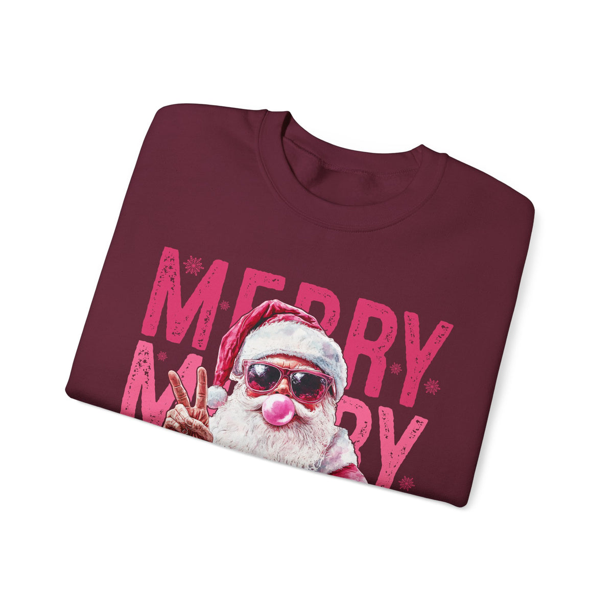 Pink Merry Christmas Bubblegum Santa – Gildan Heavy Blend | Trendy Women’s Soft Sweatshirt. Direct to Garment. Printed & Shipped in the USA. Unisex Sizes.