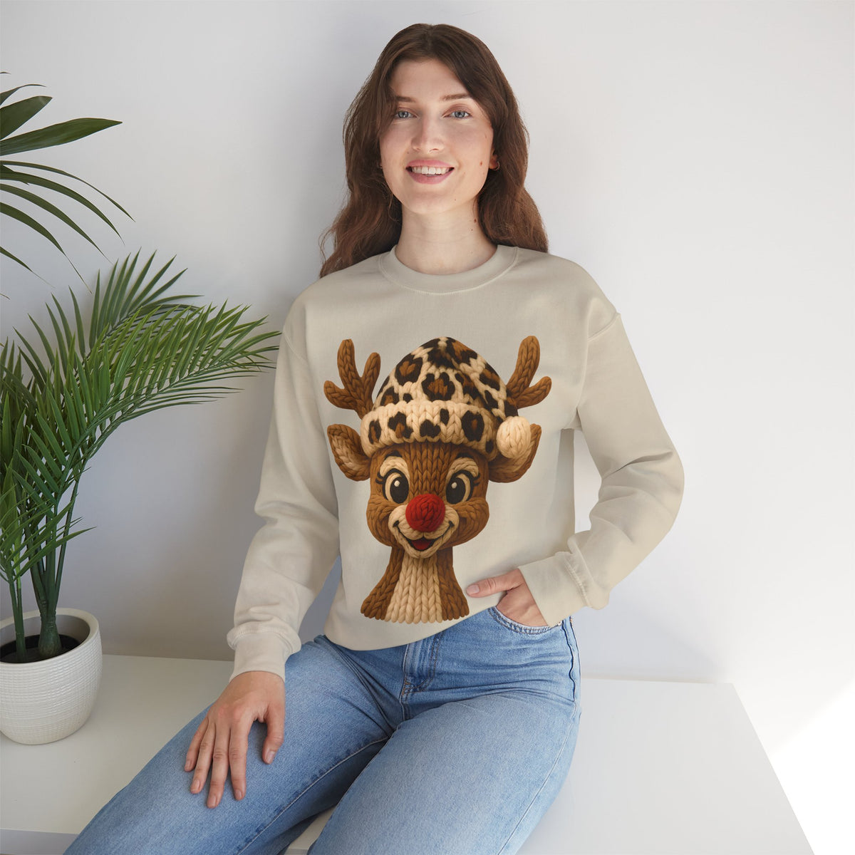 Rudolph Reindeer Leopard Santa Hat Christmas – Gildan Heavy Blend | Trendy Women’s Soft Sweatshirt. Direct to Garment. Printed & Shipped in the USA. Unisex Sizes.