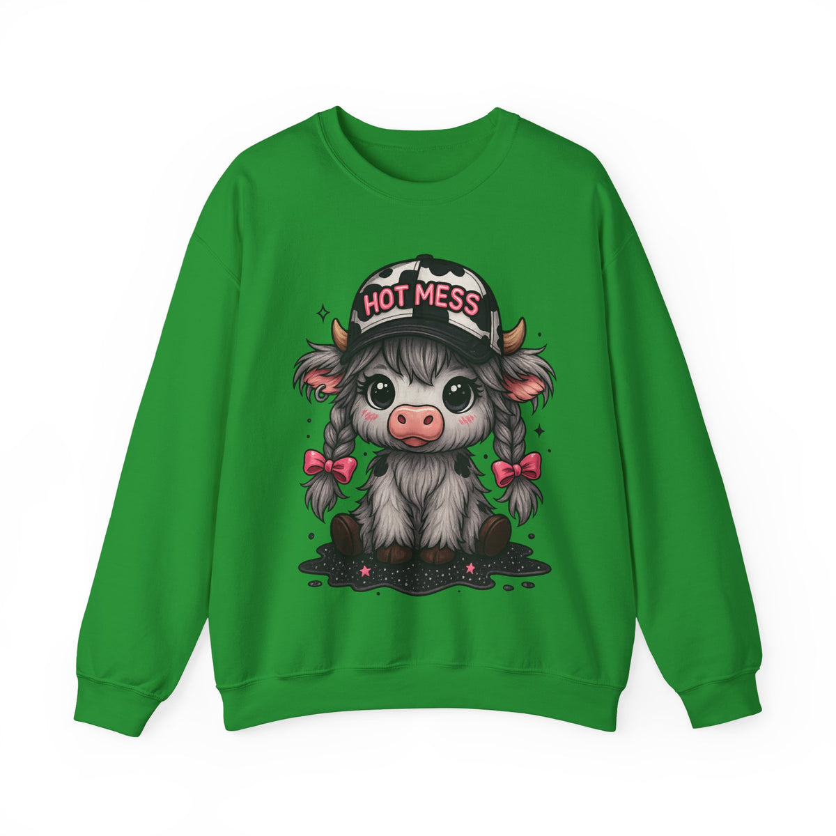 Cute Highland Cow 'Hot Mess' In Braids – Gildan Heavy Blend | Trendy Women’s Soft Sweatshirt. Direct to Garment. Printed & Shipped in the USA. Unisex Sizes.