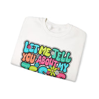 Let Me Tell You About My Jesus - Christian Colorful – Gildan Heavy Blend | Trendy Women’s Soft Sweatshirt. Direct to Garment. Printed & Shipped in the USA. Unisex Sizes.
