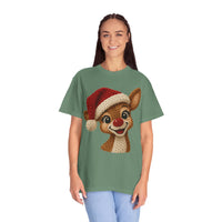 Cute Rudolph Faux Knit Look Reindeer w/Santa Hat - Comfort Colors | Trendy Women's T-Shirt. Direct to Garment. Printed & Shipped in the USA. Unisex Sizes.