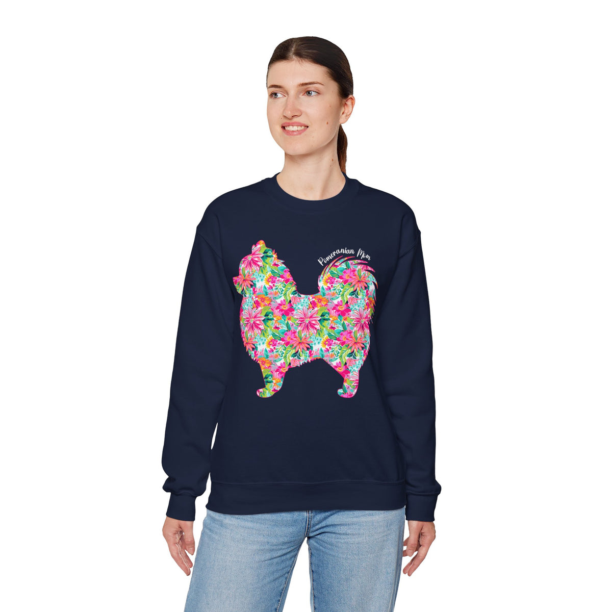 Pomeranian Mom, Floral – Gildan Heavy Blend | Trendy Women’s Soft Sweatshirt. Direct to Garment. Printed & Shipped in the USA. Unisex Sizes.