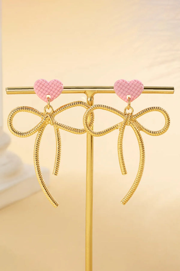 Lightweight Textured Trendy Bow Earrings with Waffled Pink Heart - Yellow Gold Plated