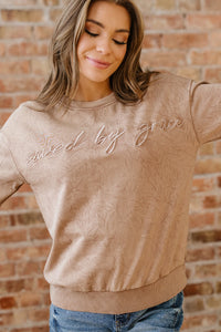 Saved By Grace (Beige) Letter Embroidery Mineral Wash Loose Sweatshirt