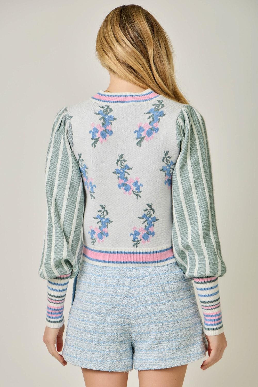 Floral Sweater Bomber Jacket w/Puff Sleeves