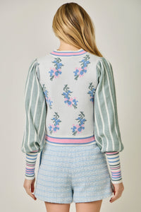 Floral Sweater Bomber Jacket w/Puff Sleeves