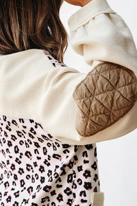 Khaki & Leopard Patchwork Quilted Button-Front Lightweight Jacket with Pockets