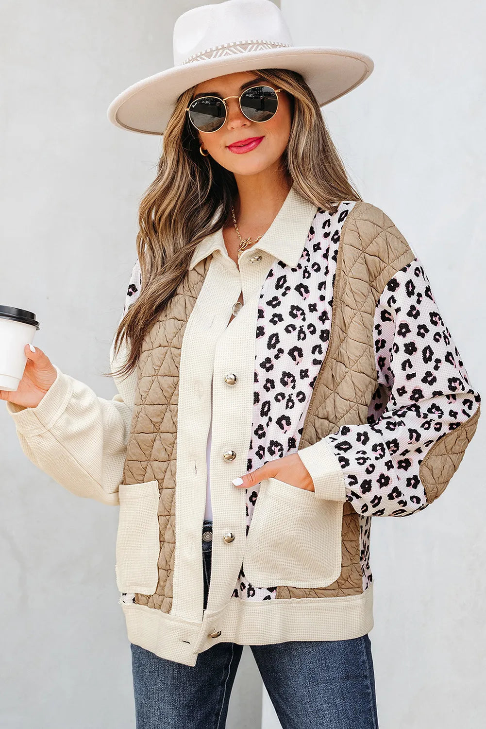 Khaki & Leopard Patchwork Quilted Button-Front Lightweight Jacket with Pockets