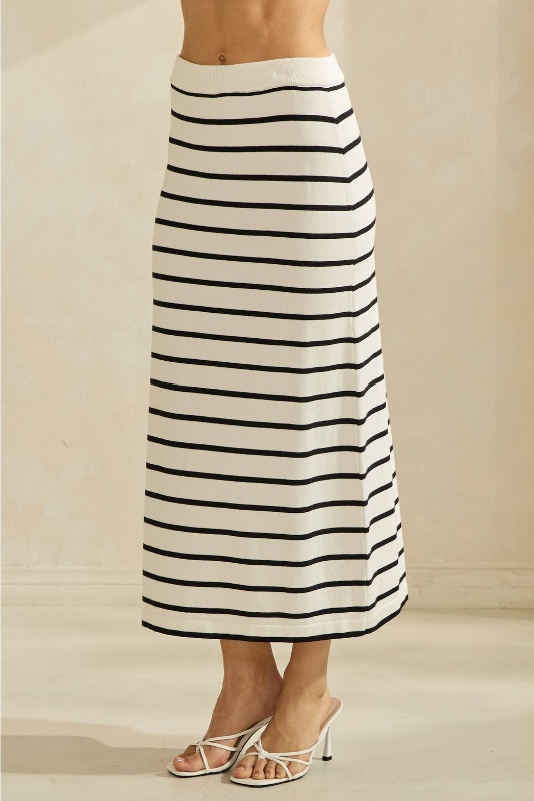 Ivory w/Black Stripes Sweater-Feel Midi Skirt