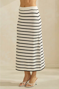 Ivory w/Black Stripes Sweater-Feel Midi Skirt
