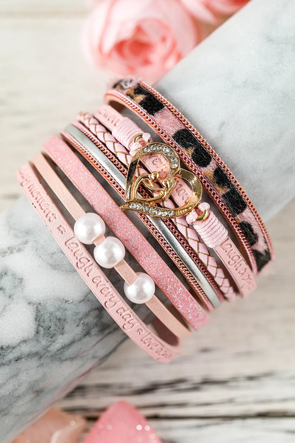 Pink Leopard Print Motivational Message Layered Buckle Bracelet