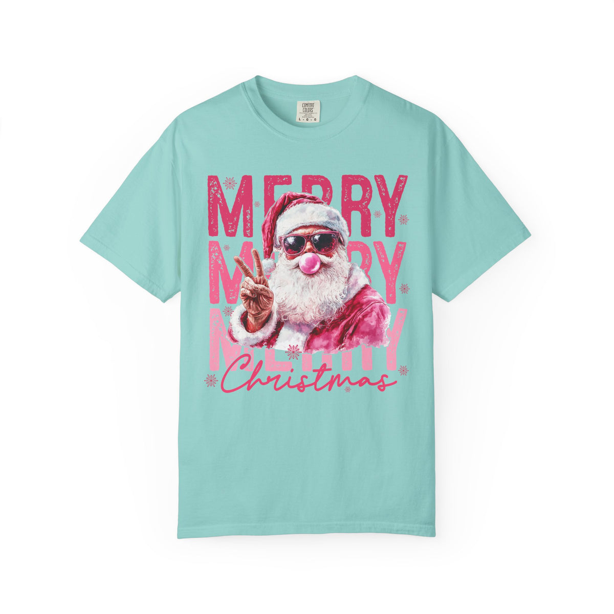 Pink Merry Christmas Bubblegum Santa - Comfort Colors | Trendy Women's T-Shirt. Direct to Garment. Printed & Shipped in the USA. Unisex Sizes.