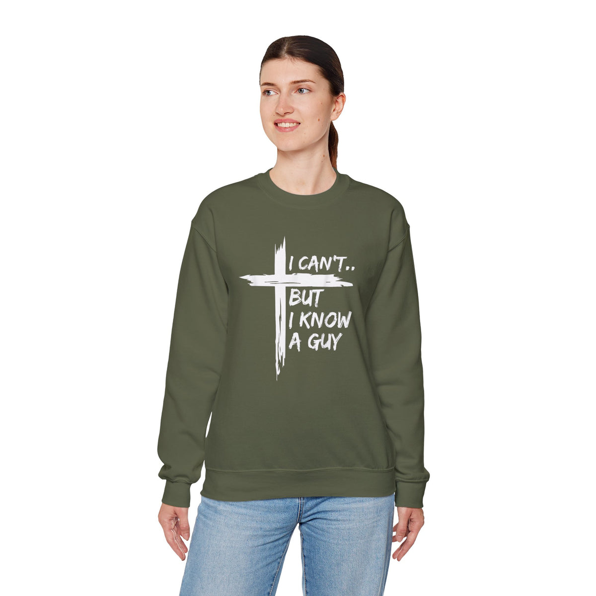 I Can't But I Know A Guy, Faith Cross Christian Jesus – Gildan Heavy Blend | Trendy Women’s and Men's Soft Sweatshirt. Direct to Garment. Printed & Shipped in the USA. Unisex Sizes.