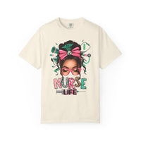 Nurse Life Messy Bun, Cute Stethoscope & Syringe - Comfort Colors | Trendy Women's T-Shirt. Direct to Garment. Printed & Shipped in the USA. Unisex Sizes.