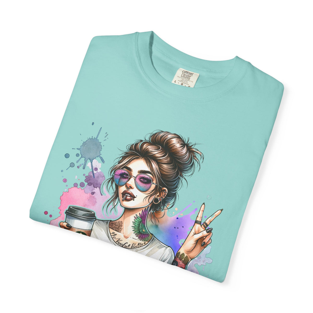 Cool Mombie with Coffee Peace Tattoo - Comfort Colors | Trendy Women's T-Shirt. Direct to Garment. Printed & Shipped in the USA. Unisex Sizes.
