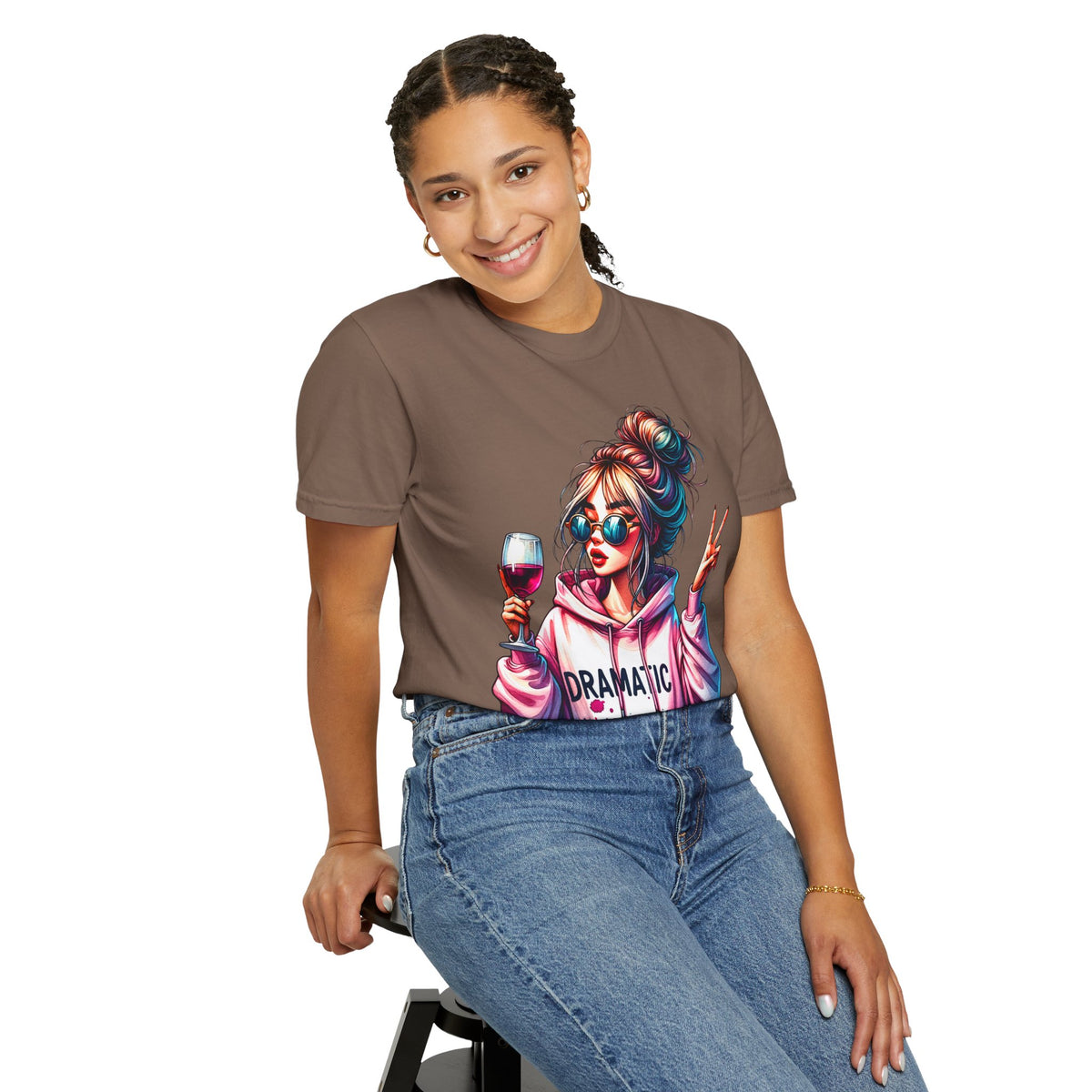 Dramatic Girl With Wine Messy Bun Peace Sign  - Comfort Colors | Trendy Women's T-Shirt. Direct to Garment. Printed & Shipped in the USA. Unisex Sizes.