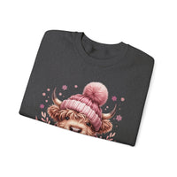 Cozy Highland Cow, Winter Coffee Mug & Scarf Pink – Gildan Heavy Blend | Trendy Women’s Soft Sweatshirt. Direct to Garment. Printed & Shipped in the USA. Unisex Sizes.