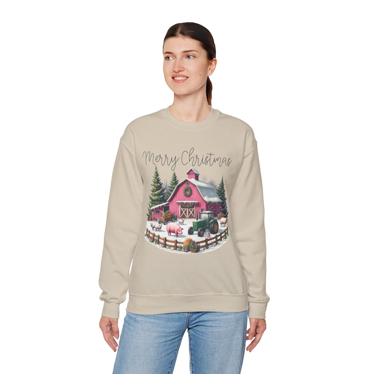 Merry Christmas Pink Barn Farm Animals – Gildan Heavy Blend | Trendy Women’s Soft Sweatshirt. Direct to Garment. Printed & Shipped in the USA. Unisex Sizes.