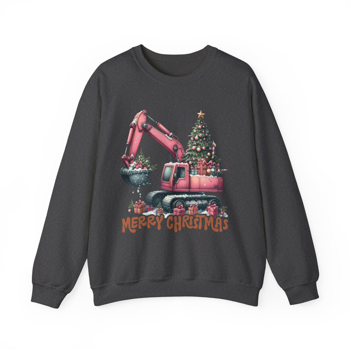 Excavator Merry Christmas Construction – Gildan Heavy Blend | Trendy Women’s Soft Sweatshirt. Direct to Garment. Printed & Shipped in the USA. Unisex Sizes.