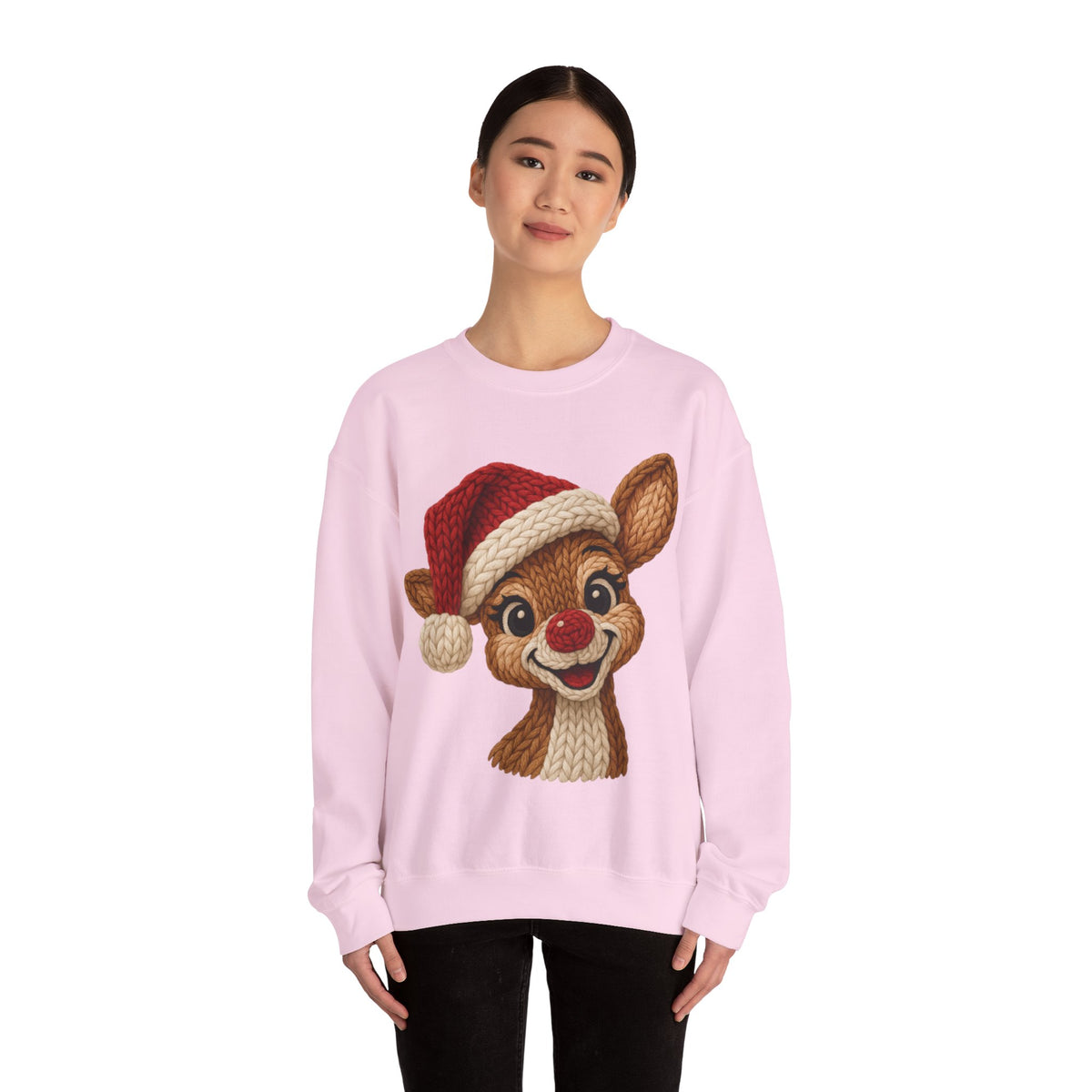 Cute Rudolph Faux Knit Look Reindeer w/Santa Hat – Gildan Heavy Blend | Trendy Women’s Soft Sweatshirt. Direct to Garment. Printed & Shipped in the USA. Unisex Sizes.