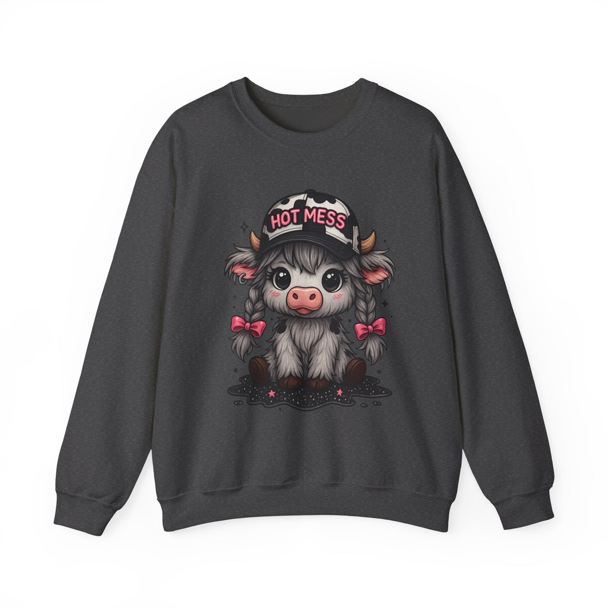 Cute Highland Cow 'Hot Mess' In Braids – Gildan Heavy Blend | Trendy Women’s Soft Sweatshirt. Direct to Garment. Printed & Shipped in the USA. Unisex Sizes.