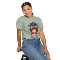 Nurse Life Messy Bun, Cute Stethoscope & Syringe - Comfort Colors | Trendy Women's T-Shirt. Direct to Garment. Printed & Shipped in the USA. Unisex Sizes.