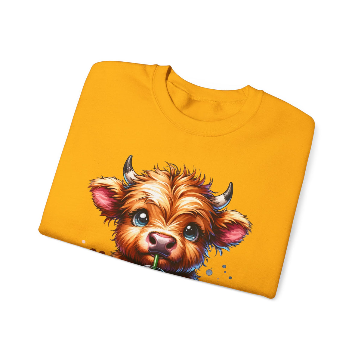 Coffee Addict Highland Cow Drinking Iced Coffee – Gildan Heavy Blend | Trendy Women’s Soft Sweatshirt. Direct to Garment. Printed & Shipped in the USA. Unisex Sizes.