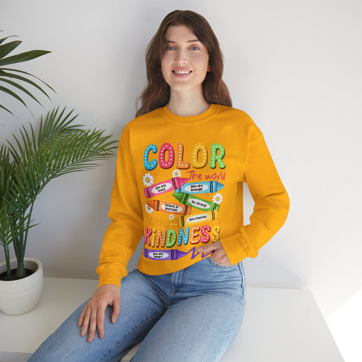 Color the World With Kindness Crayons, Great Teacher Gift – Gildan Heavy Blend | Trendy Women’s and Men's Soft Sweatshirt. Direct to Garment. Printed & Shipped in the USA. Unisex Sizes.