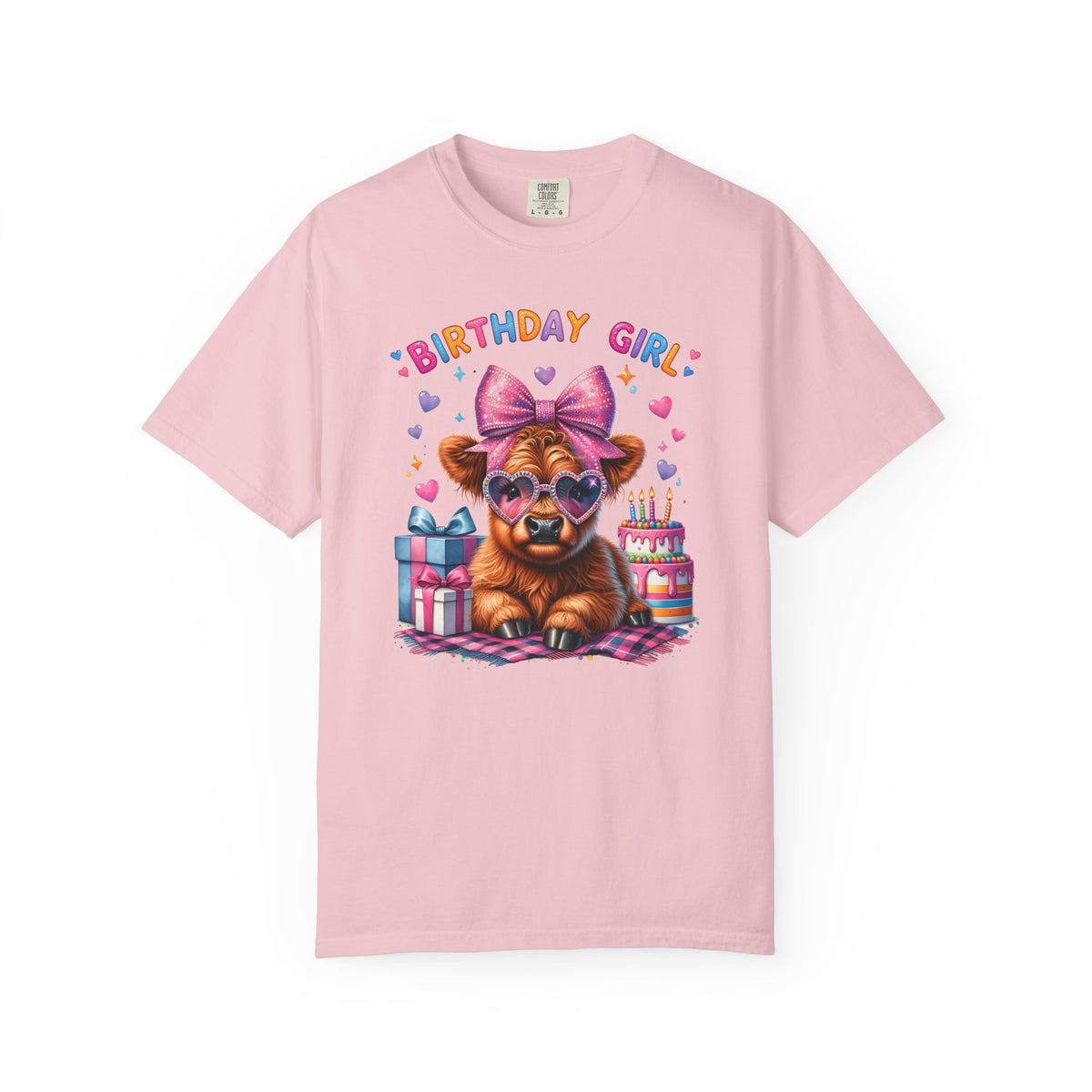 Birthday Girl, Highland Cow - Comfort Colors | Trendy Women's T-Shirt. Direct to Garment. Printed & Shipped in the USA. Unisex Sizes.