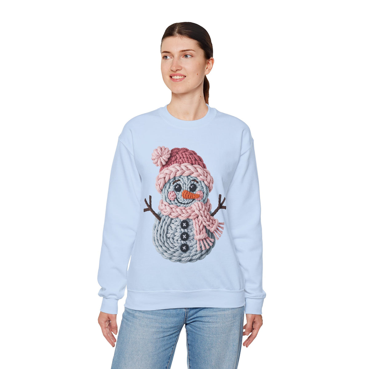Cute Yarn Snowman - Pink Scarf Faux Yarn – Gildan Heavy Blend | Trendy Women’s Soft Sweatshirt. Direct to Garment. Printed & Shipped in the USA. Unisex Sizes.