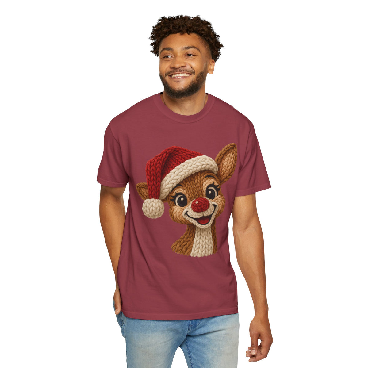 Cute Rudolph Faux Knit Look Reindeer w/Santa Hat - Comfort Colors | Trendy Women's T-Shirt. Direct to Garment. Printed & Shipped in the USA. Unisex Sizes.