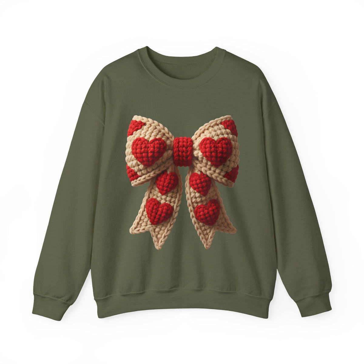 Faux Crochet Valentine Bow – Gildan Heavy Blend | Trendy Women’s Soft Sweatshirt. Direct to Garment. Printed & Shipped in the USA. Unisex Sizes.