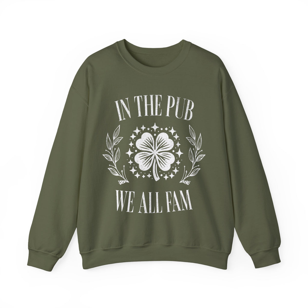 In the Pub We All Fam, Vintage – Gildan Heavy Blend | Trendy Women’s and Men's Soft Sweatshirt. Direct to Garment. Printed & Shipped in the USA. Unisex Sizes.