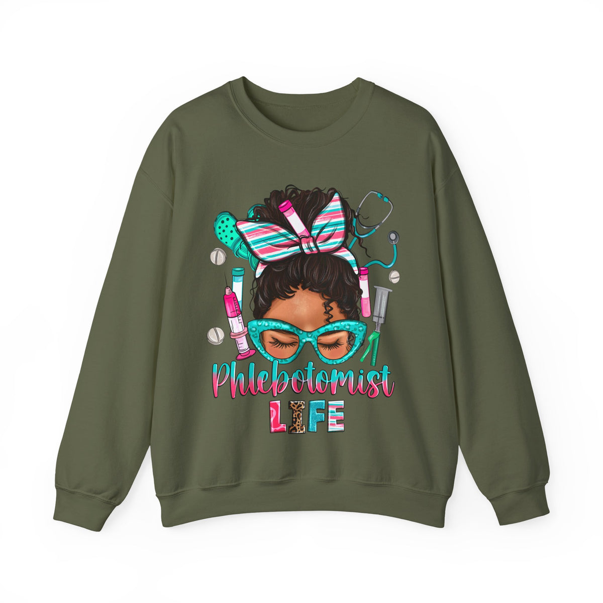 Phlebotomist Life, Messy Bun – Gildan Heavy Blend | Trendy Women’s Soft Sweatshirt. Direct to Garment. Printed & Shipped in the USA. Unisex Sizes.
