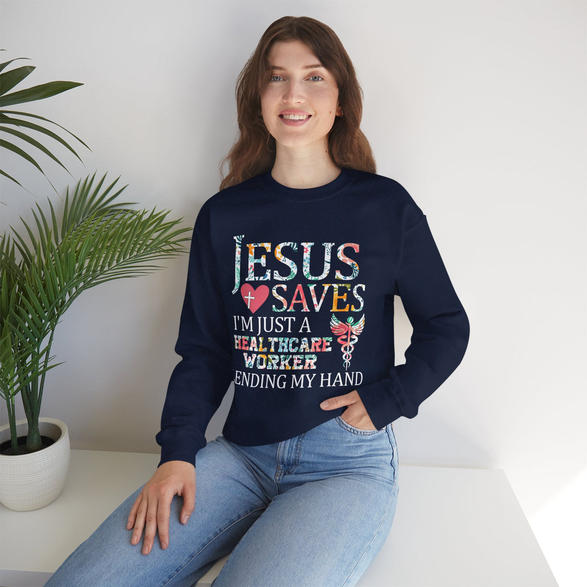 Jesus Saves - Healthcare Worker Lending My Hand – Gildan Heavy Blend | Trendy Women’s Soft Sweatshirt. Direct to Garment. Printed & Shipped in the USA. Unisex Sizes.