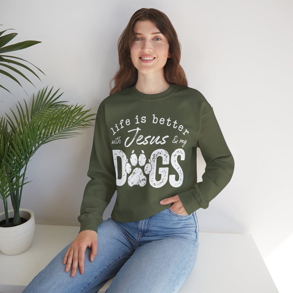 Life is Better With Jesus and My Dogs – Gildan Heavy Blend | Trendy Women’s and Men's Soft Sweatshirt. Direct to Garment. Printed & Shipped in the USA. Unisex Sizes.
