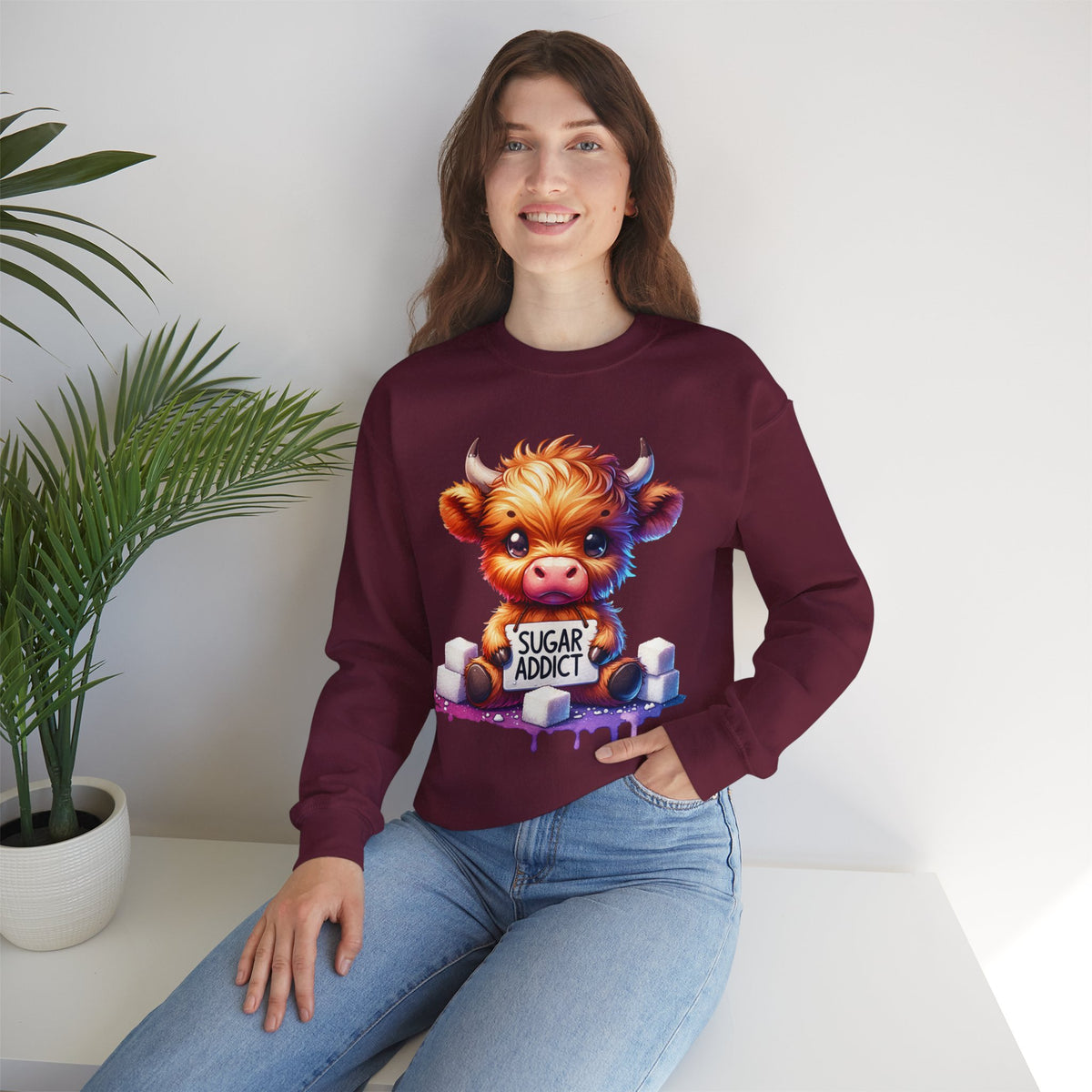 Sugar Addict Highland Cow – Gildan Heavy Blend | Trendy Women’s Soft Sweatshirt. Direct to Garment. Printed & Shipped in the USA. Unisex Sizes.