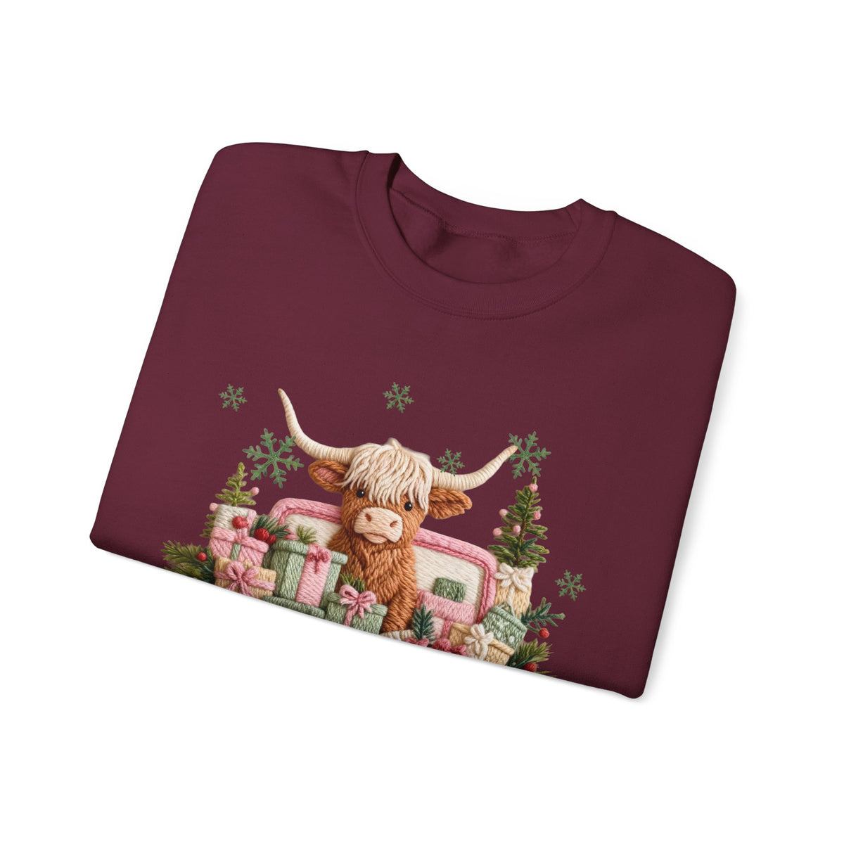 Highland Cow in Pink Truck Merry Christmas Holiday Farmhouse – Gildan Heavy Blend | Trendy Women’s Soft Sweatshirt. Direct to Garment. Printed & Shipped in the USA. Unisex Sizes.