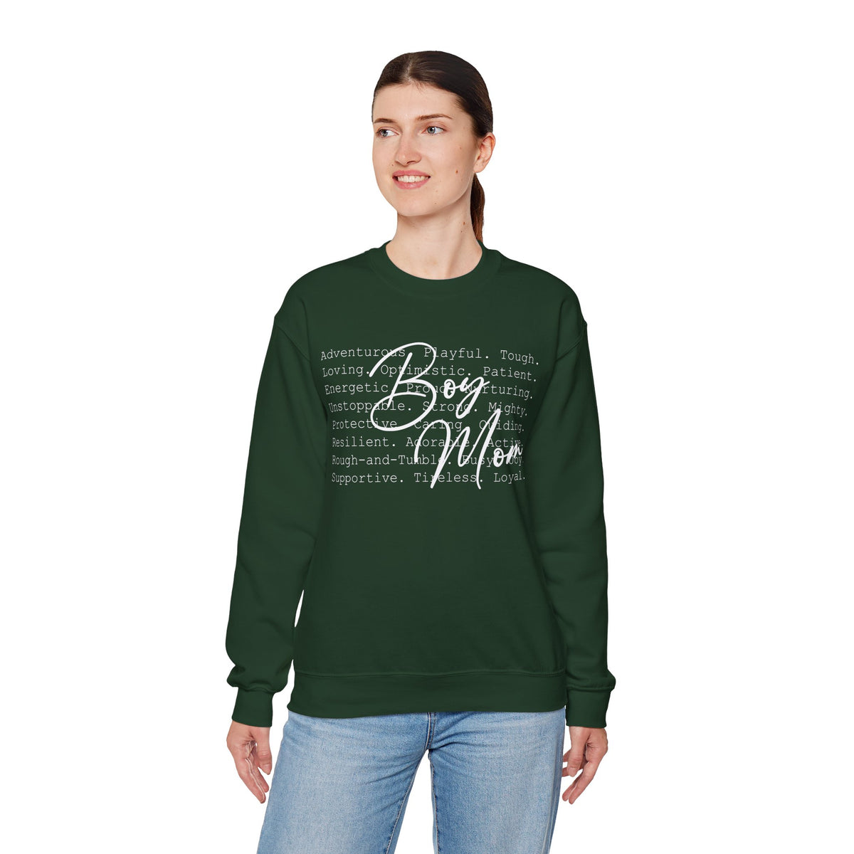 Boy Mom Typography – Gildan Heavy Blend | Trendy Women’s Soft Sweatshirt. Direct to Garment. Printed & Shipped in the USA. Unisex Sizes.