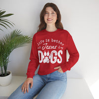 Life is Better With Jesus and My Dogs – Gildan Heavy Blend | Trendy Women’s and Men's Soft Sweatshirt. Direct to Garment. Printed & Shipped in the USA. Unisex Sizes.