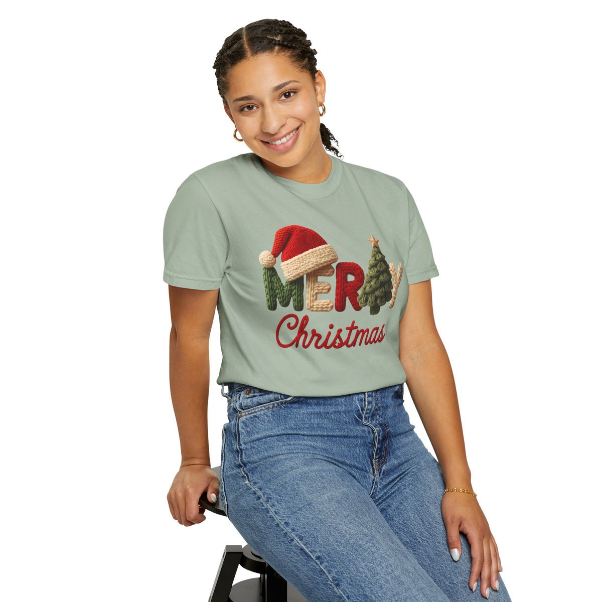 Merry Christmas Faux Yarn w/Santa Hat & Tree - Comfort Colors | Trendy Women's T-Shirt. Direct to Garment. Printed & Shipped in the USA. Unisex Sizes.