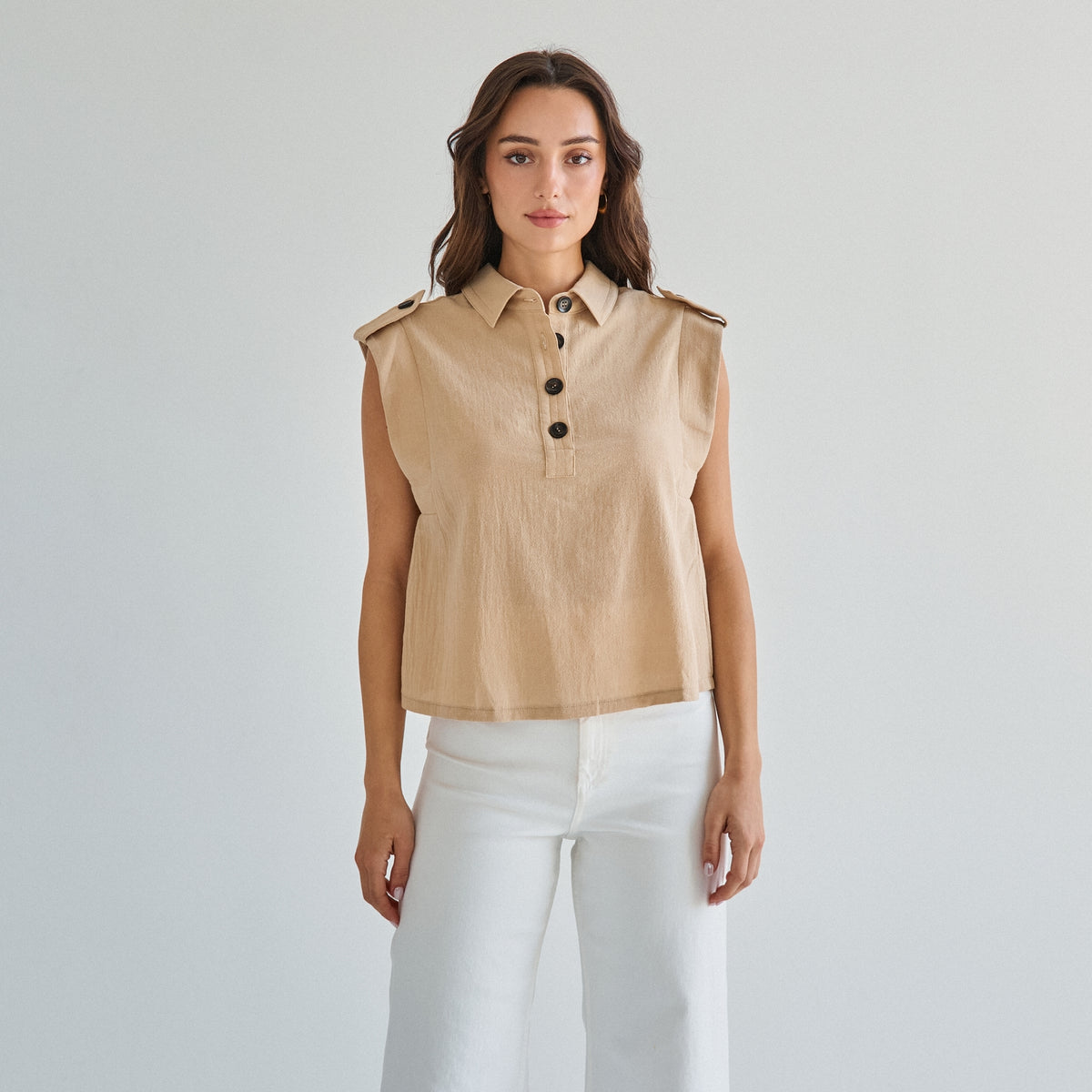 Sleeveless Button 100% Cotton Beige Top w/Extra Side Bra Coverage