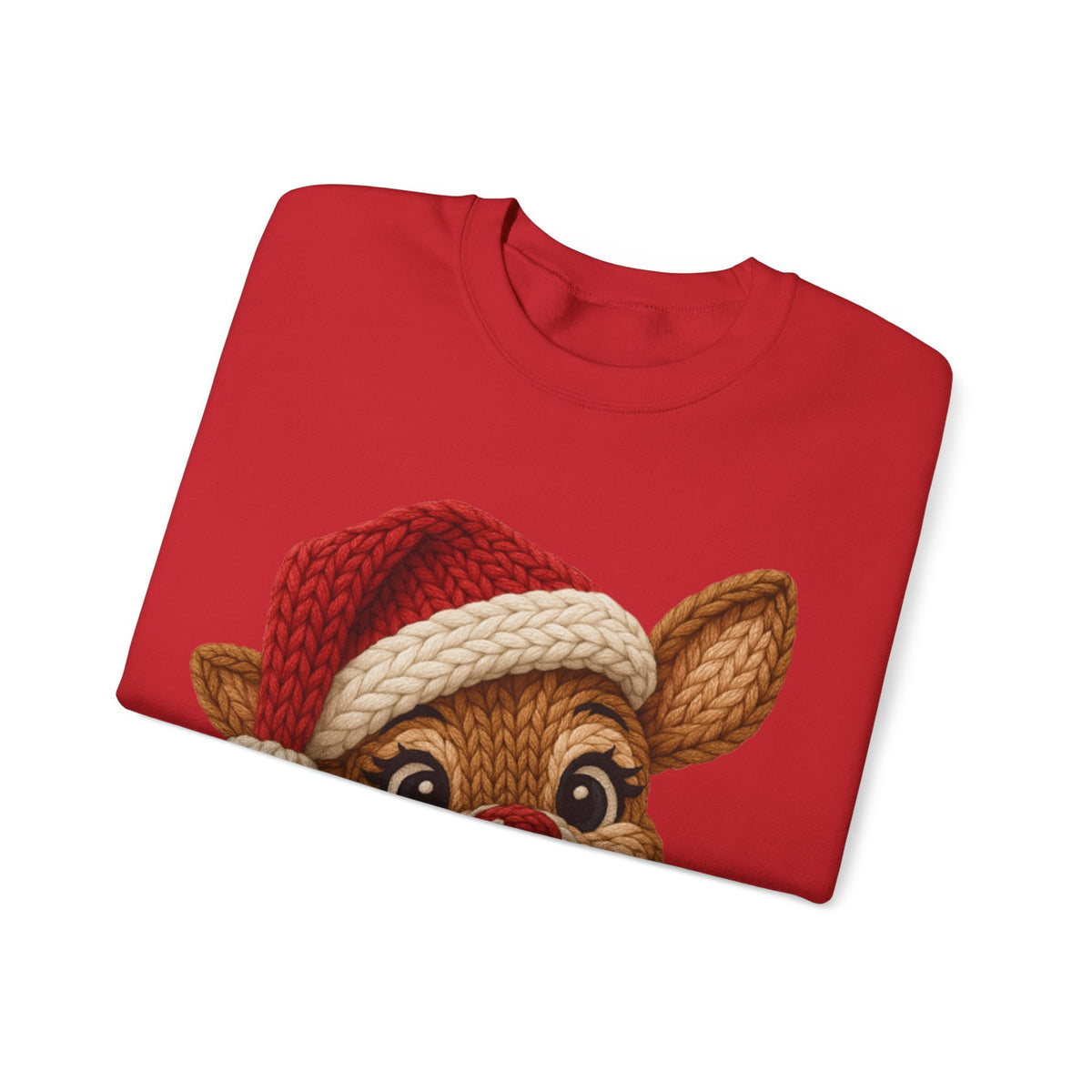 Cute Rudolph Faux Knit Look Reindeer w/Santa Hat – Gildan Heavy Blend | Trendy Women’s Soft Sweatshirt. Direct to Garment. Printed & Shipped in the USA. Unisex Sizes.