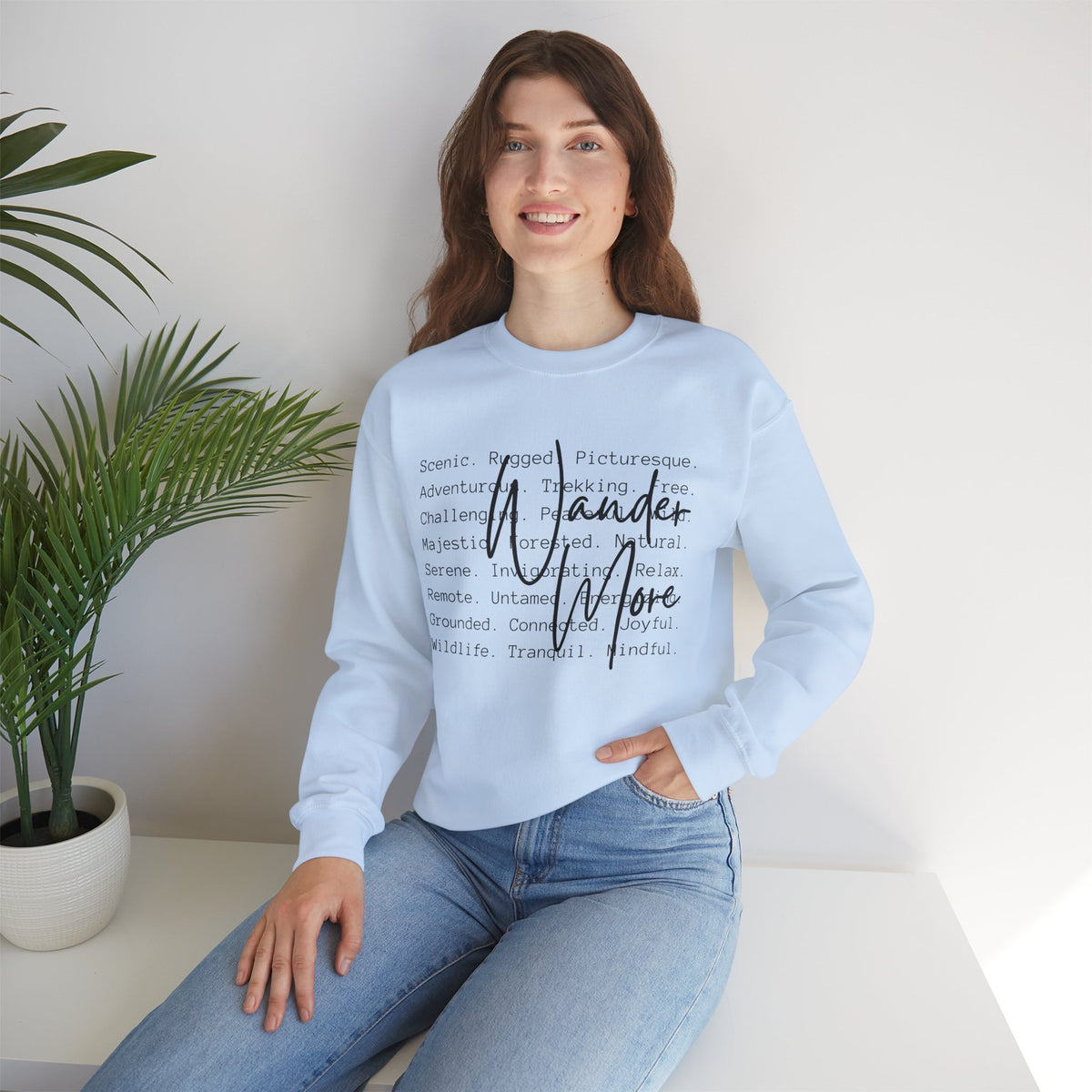 Wander More, Scenic Adventure Typography – Gildan Heavy Blend | Trendy Men's and Women’s Soft Sweatshirt. Direct to Garment. Printed & Shipped in the USA. Unisex Sizes.