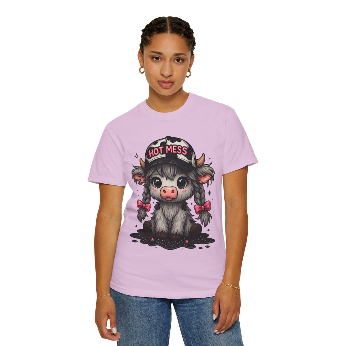 Cute Highland Cow 'Hot Mess' In Braids  - Comfort Colors | Trendy Women's T-Shirt. Direct to Garment. Printed & Shipped in the USA. Unisex Sizes.