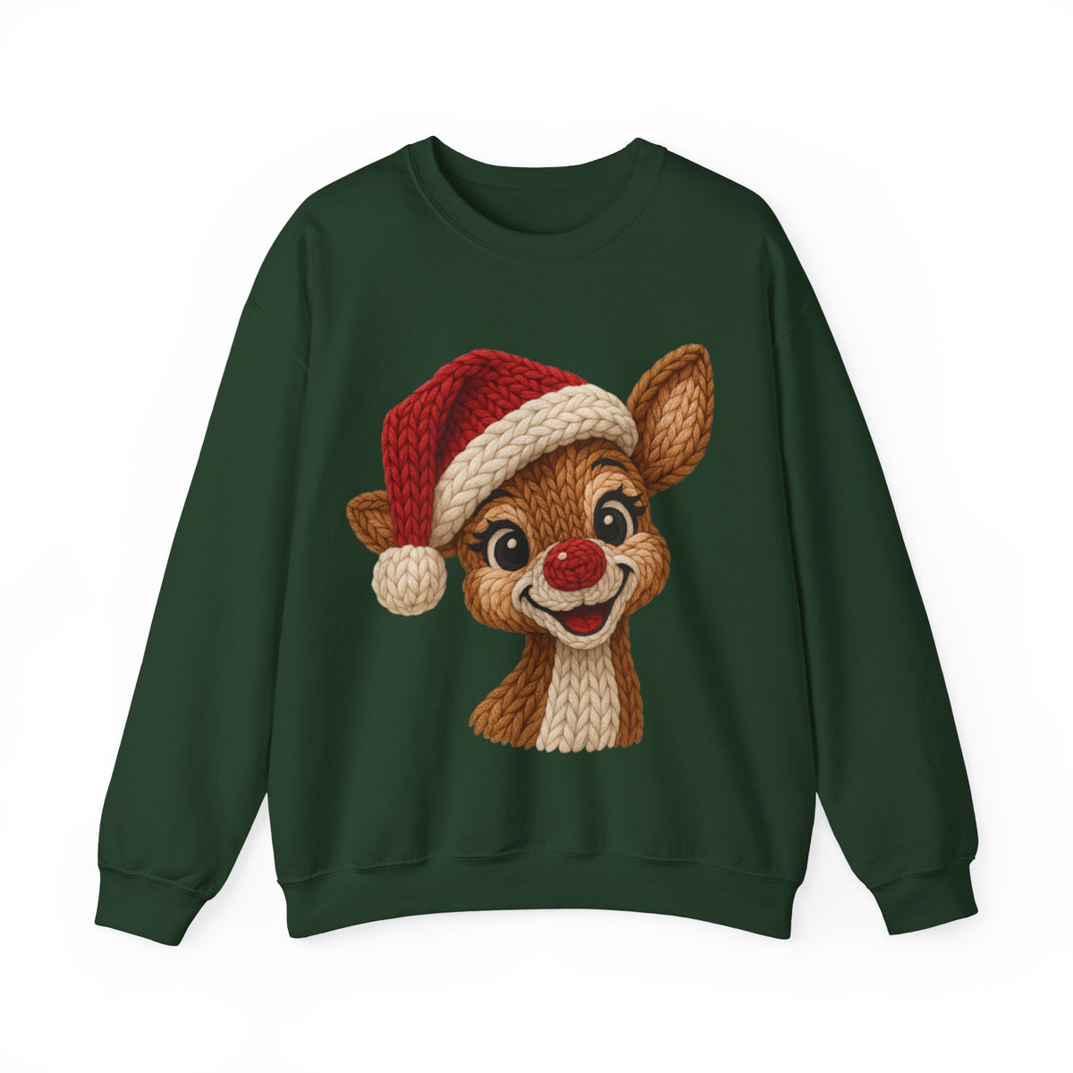 Cute Rudolph Faux Knit Look Reindeer w/Santa Hat – Gildan Heavy Blend | Trendy Women’s Soft Sweatshirt. Direct to Garment. Printed & Shipped in the USA. Unisex Sizes.