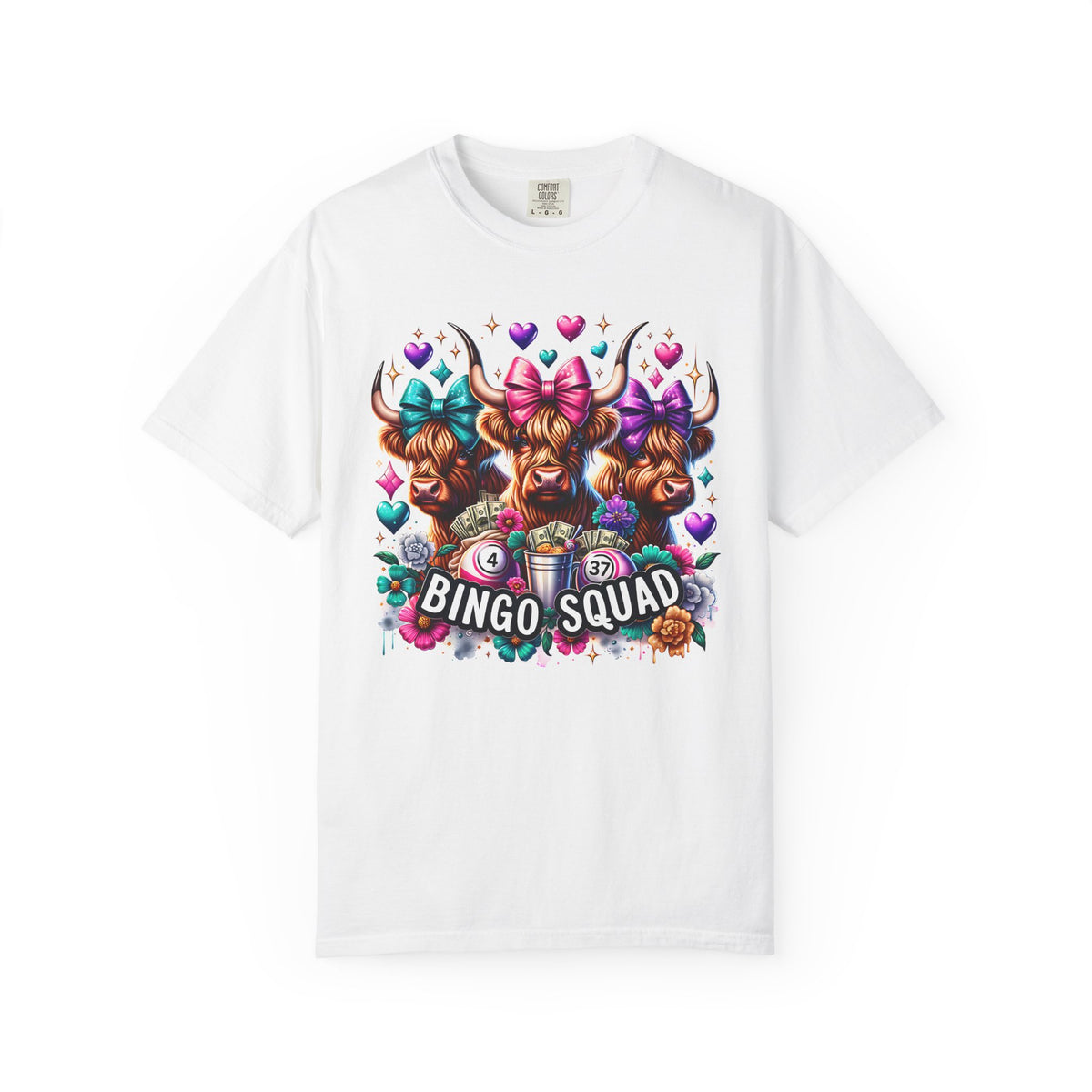 Cute Highland Cows Bingo Squad - Comfort Colors | Trendy Women's T-Shirt. Direct to Garment. Printed & Shipped in the USA. Unisex Sizes.
